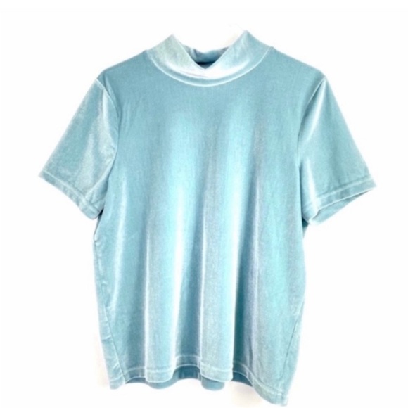 MADEWELL Velvet Mock Neck Short Sleeve Top in Soft Blue Size M Style H2606 - Picture 2 of 3